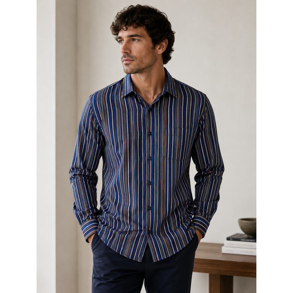 Bugatchi Uomo Men’s XXL Brown Blue Striped Button Down Shirt Classic Preppy
